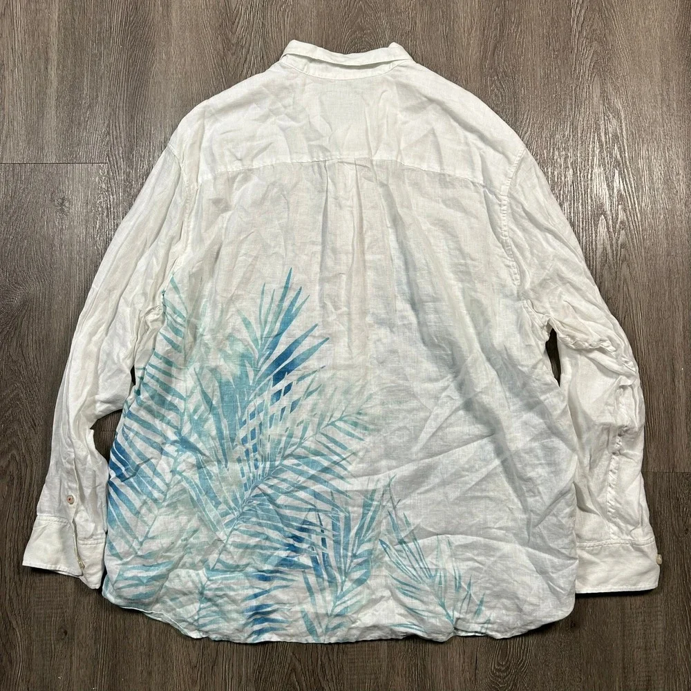 Tommy Bahama Button Down Shirt 2XB White Linen Tropical Palm Leaf Long Sleeve